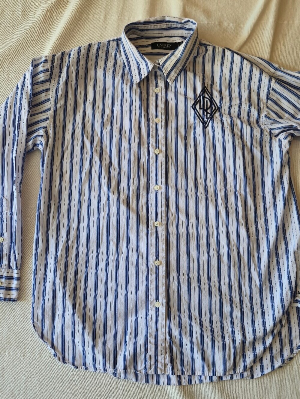 Lauren Ralph Lauren Classic Blue and White Striped Button-Up Shirt, Size Large